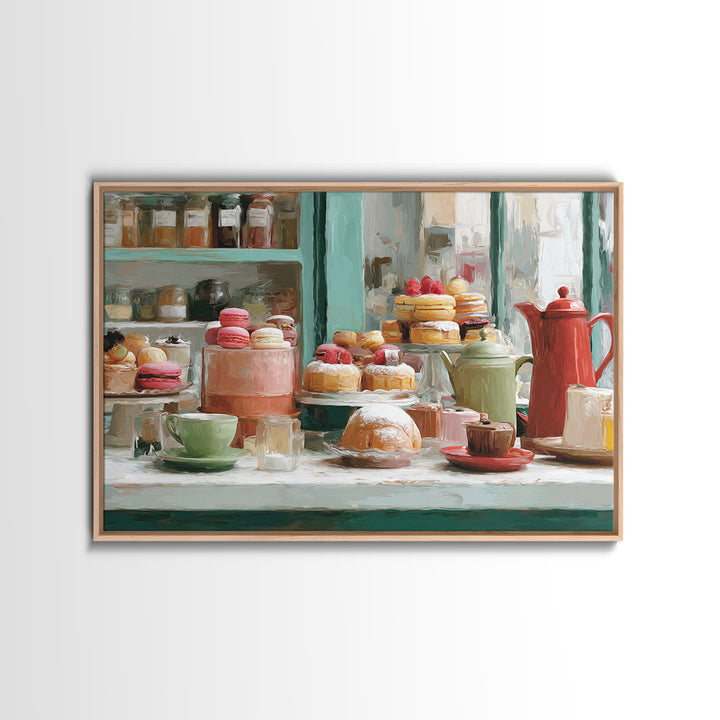 French Patisserie Window Display of Pastel Pastries Framed Canvas Print, Bakery Art, Kids Art, Bakery Decor, Patisserie, BAK-3x2-78