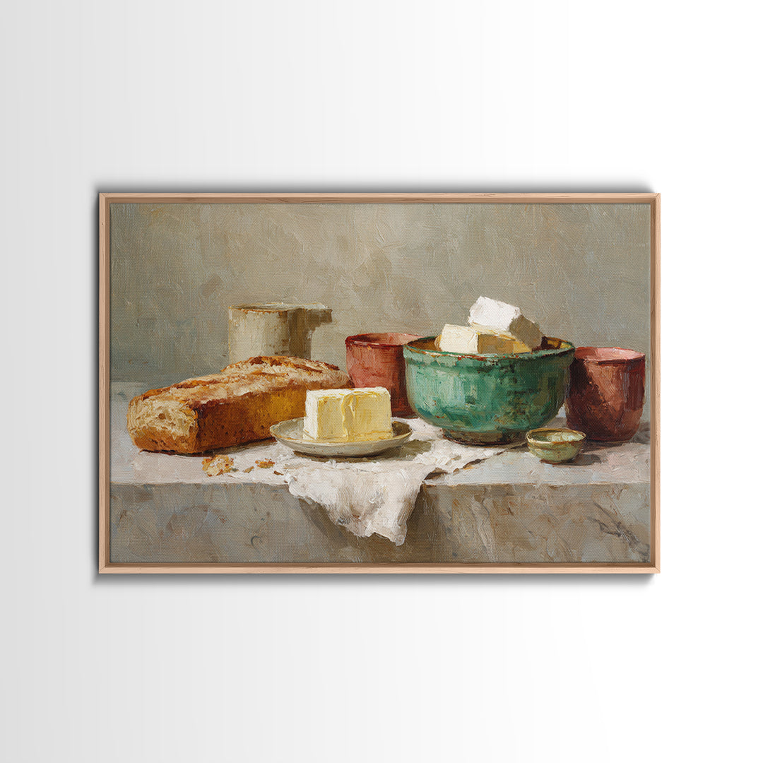 Baguette and Butter Still Life on Marble Canvas Print, Bakery Art, Wall Decor, Bakery Decor, Patisserie, Kitchen Prints, BAK-3x2-84