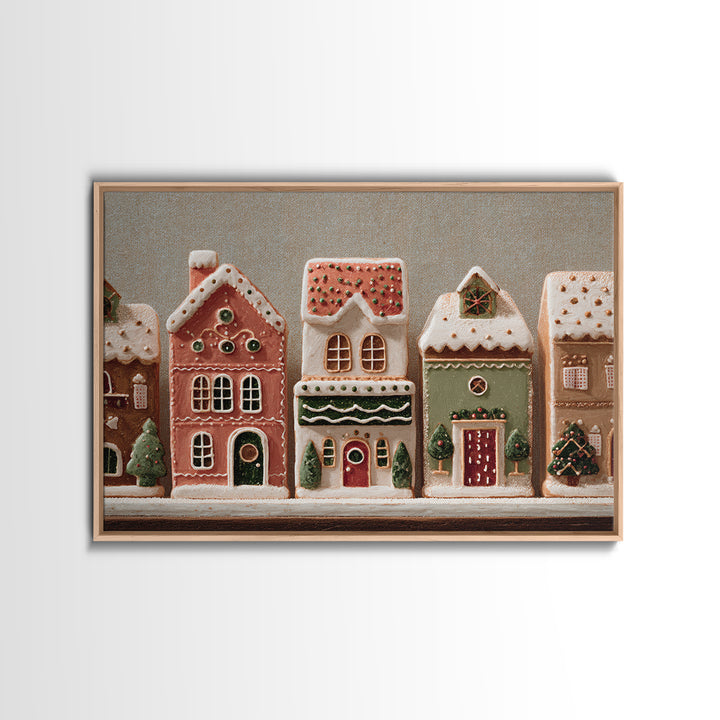 Gingerbread Houses in Charming Folk Art Style Framed Canvas Print, Bakery Art, Whimsical Wall Art, Bakery Decor, Patisserie, BAK-3x2-90