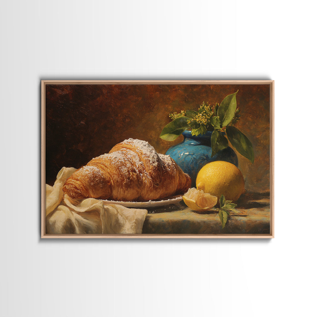 Almond Croissant Closeup Framed Canvas Print, Bakery Art, Kitchen Prints, Bakery Decor, Oil Painting, Patisserie, Fine Art, BAK-3x2-91