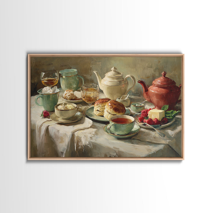 Tea and Scone Arrangement Framed Canvas Print, Bakery Art, Printable Wall Art, Bakery Decor, Patisserie, Coffee Wall Art, BAK-3x2-96