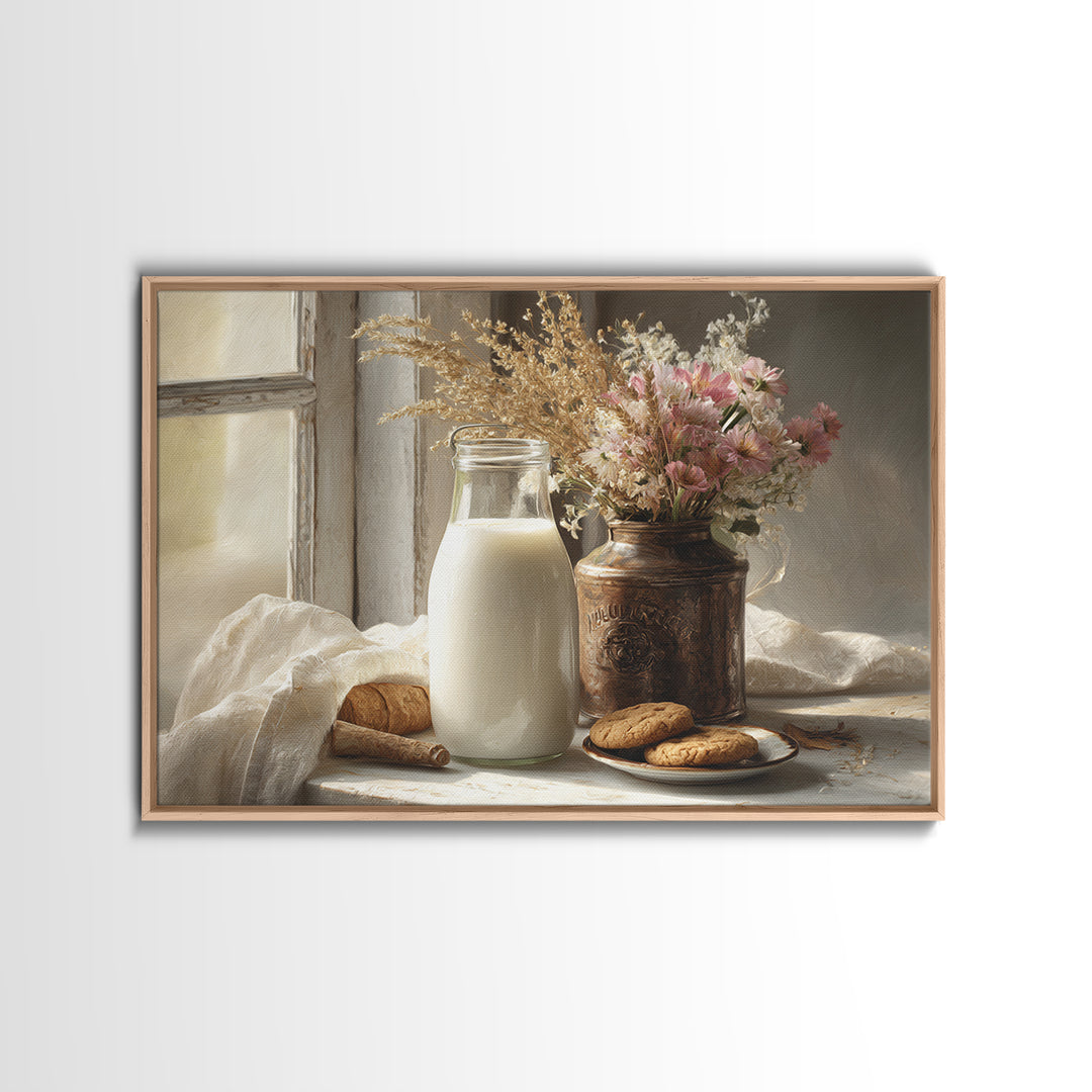 Milk Bottle and Cookies Nostalgic Still Life Canvas Print, Bakery Art, Fine Art, Bakery Decor, Patisserie, Textured Painting, BAK-3x2-98