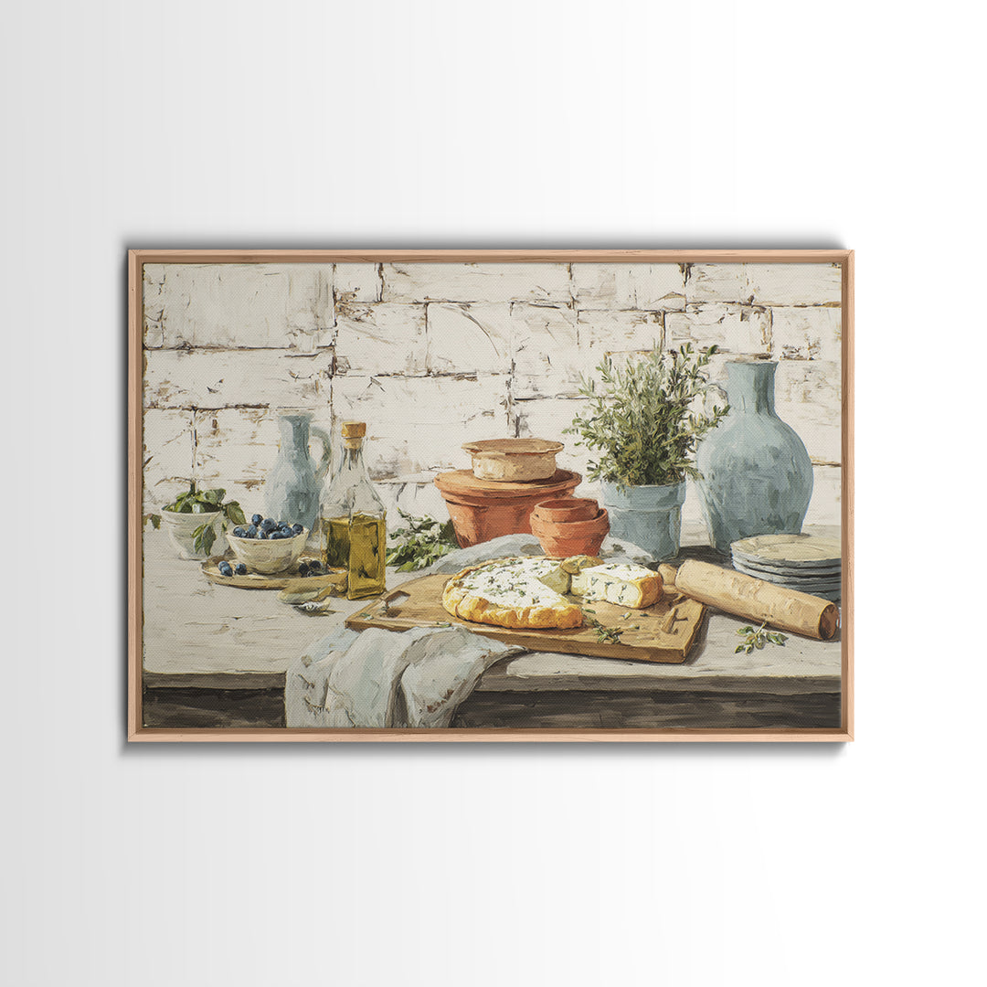Blueberry Galette with Rustic Farmhouse Texture Framed Canvas Print, Bakery Art, Watercolor Painting, Bakery Decor, Patisserie, BAK-3x2-99