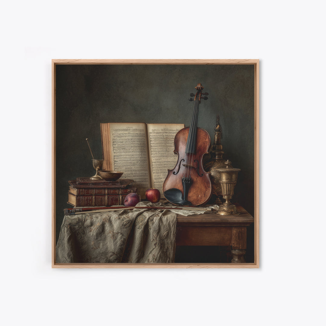 Baroque Violin and Sheet Music Still Life Framed Canvas Print, Baroque Art, Digital Wall Art, Living Room Decor, Ornate, BAO-1x1-11