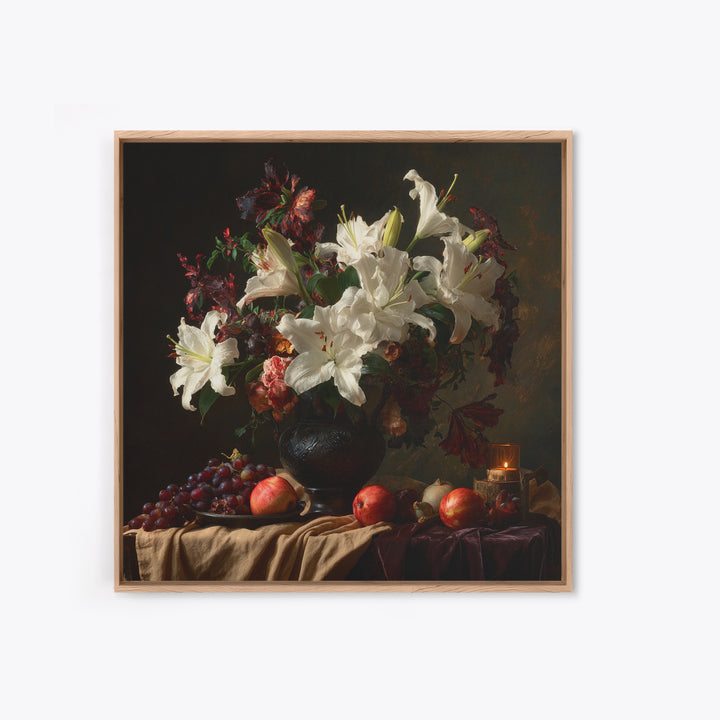 Dramatic White Lilies Framed Canvas Print, Baroque Art, Painting, Living Room Decor, Fine Art, Ornate, Living Room Wall Art, BAO-1x1-12