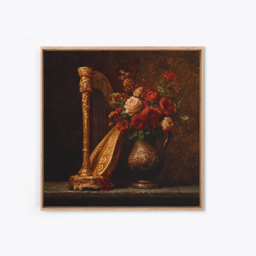 Golden Harp and Roses Canvas Print, Baroque Art, Printable Art, Living Room Decor, Ornate, Gallery Wall, Dark Academia Art, BAO-1x1-18