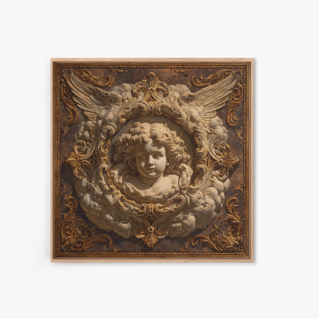 Ornate Cherub Figure Surrounded by Clouds and Framed Canvas Print, Baroque Art, Whimsical Decor, Living Room Decor, Ornate, BAO-1x1-2
