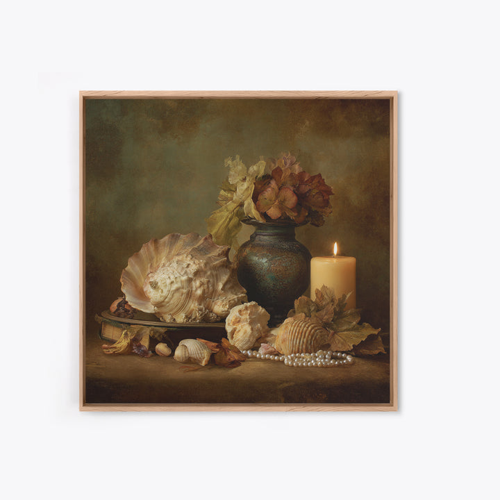 Ornamental Shell and Pearl Composition Canvas Print, Baroque Art, Dark Academia Decor, Living Room Decor, Oil Painting, Ornate, BAO-1x1-22