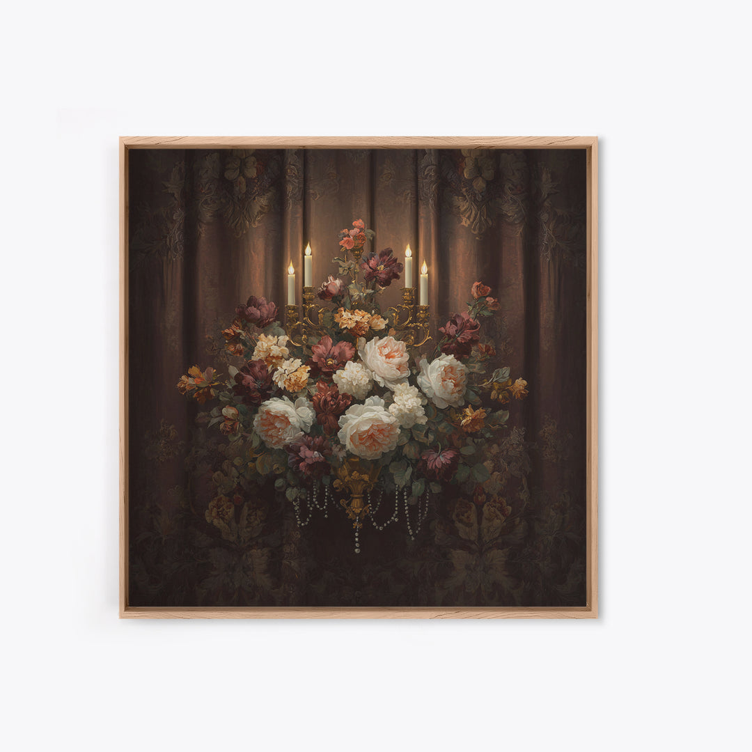 Velvet Drapery with Pearls Flowers and Candlelight Canvas Print, Baroque Art, 3d Wall Art, Living Room Decor, Ornate, BAO-1x1-27
