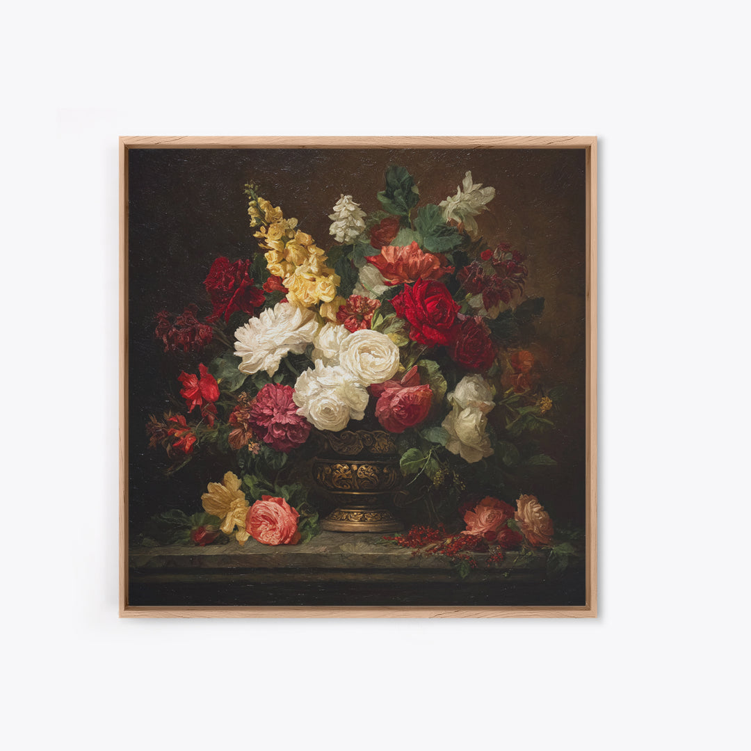 Dark Floral Arrangement Framed Canvas Print, Baroque Art, Oil Painting, Living Room Decor, Fine Art, Ornate, Eclectic Wall Art, BAO-1x1-28