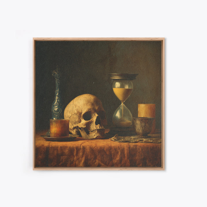 Skull and Hourglass Vanitas Still Life Framed Canvas Print, Baroque Art, Dark Academia Art, Living Room Decor, Fine Art, Ornate, BAO-1x1-29