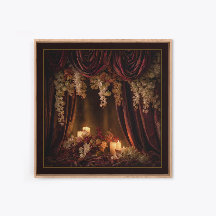 Velvet Drapery with Pearls Flowers and Candlelight Canvas Print, Baroque Art, Canvas, Living Room Decor, Fine Art, Ornate, BAO-1x1-3
