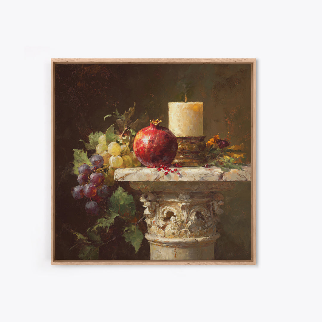 Pomegranate and Grapes on a Marble Ledge Framed Canvas Print, Baroque Art, Home Decor, Living Room Decor, Fine Art, Ornate, BAO-1x1-32