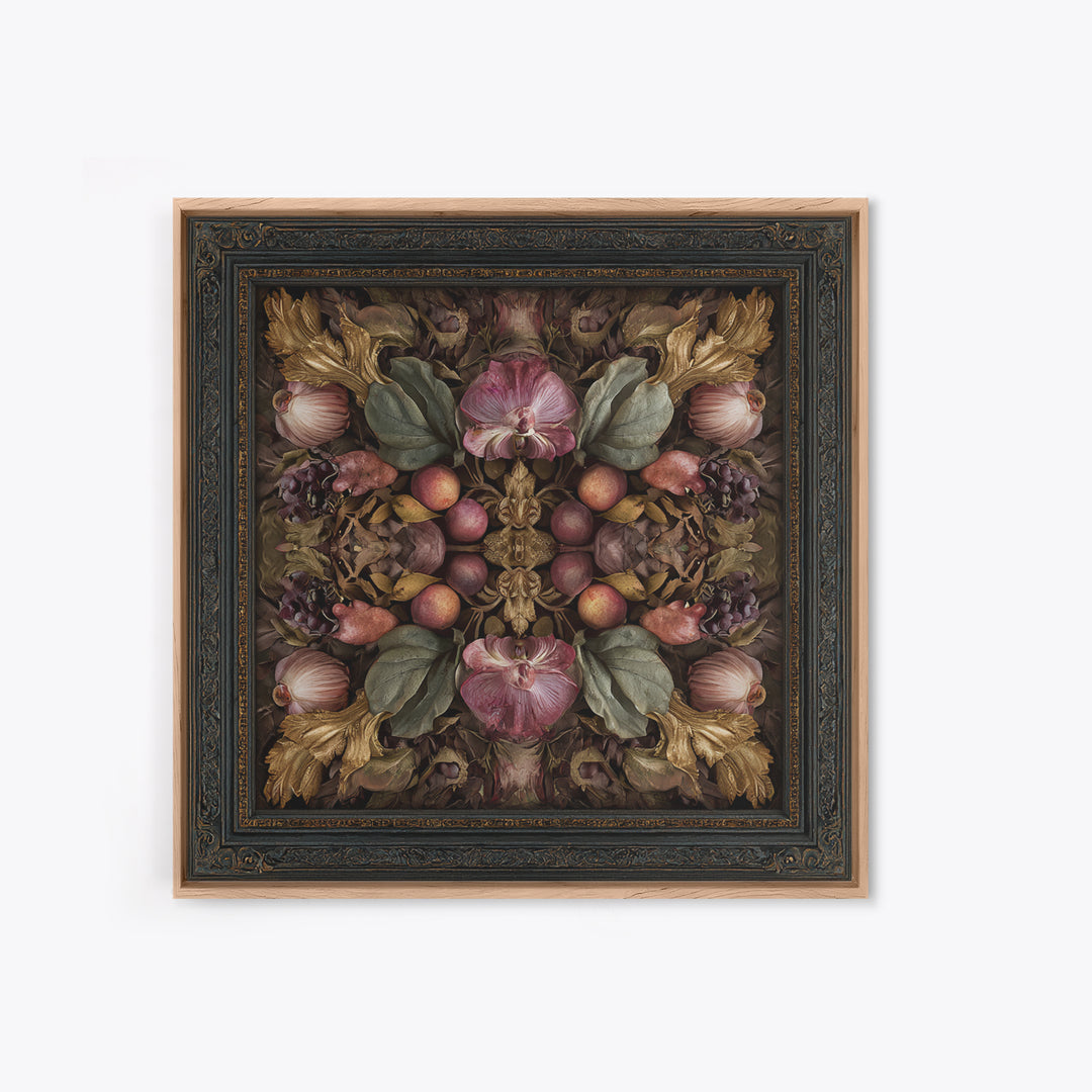 Ornate Gold Frame Illusion Around a Botanical Framed Canvas Print, Baroque Art, Maximalist Decor, Living Room Decor, Ornate, BAO-1x1-33