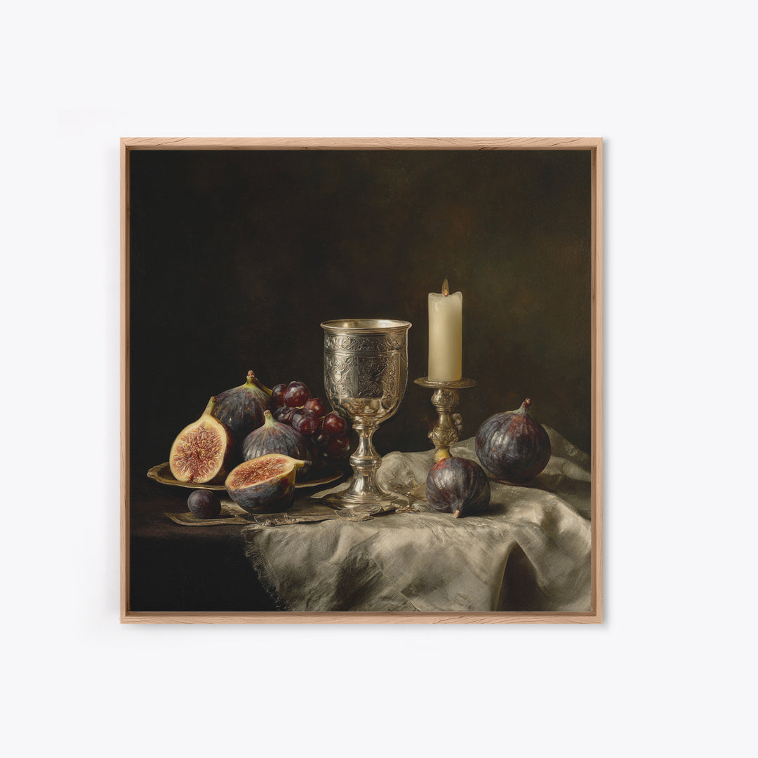 Candlelit Table with Silver Goblet and Figs Canvas Print, Baroque Art, Room Decor Aesthetic, Living Room Decor, Ornate, BAO-1x1-37