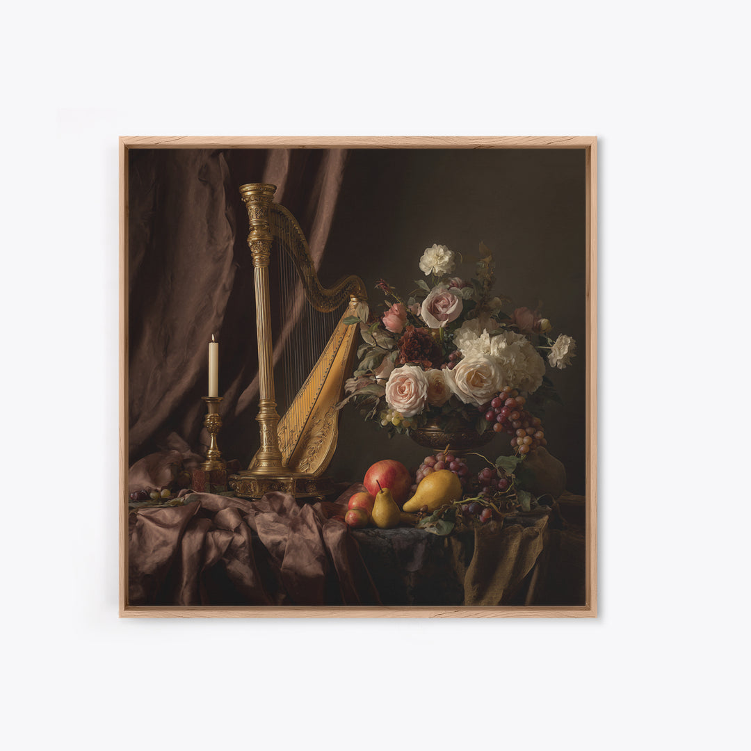 Golden Harp and Roses Framed Canvas Print, Baroque Art, Modern Wall Art, Living Room Decor, Abstract Art, Ornate, Feminist Art, BAO-1x1-42