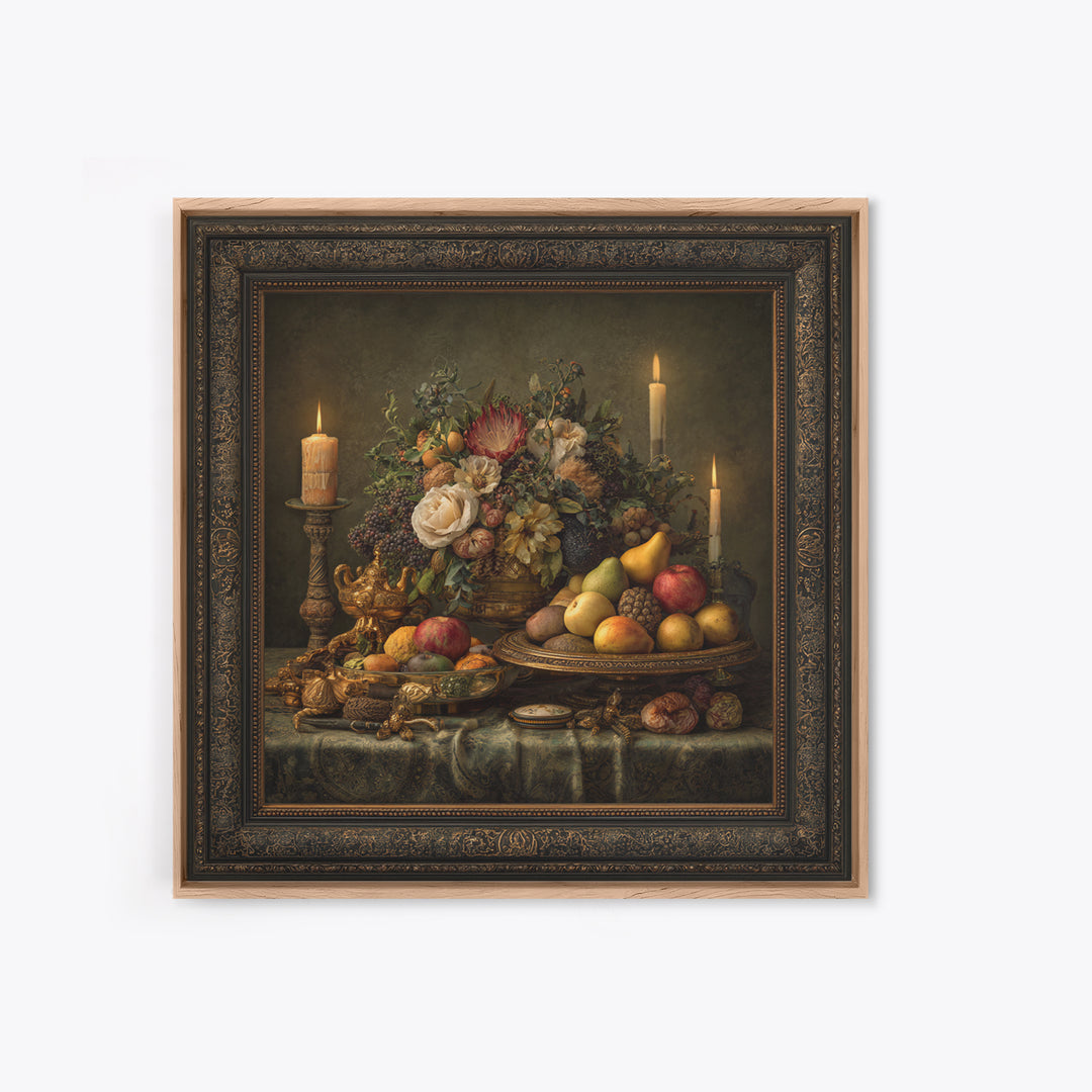 Lavish Banquet Fruit Composition Framed Canvas Print, Baroque Art, Whimsical Decor, Living Room Decor, Fine Art, Ornate, BAO-1x1-44