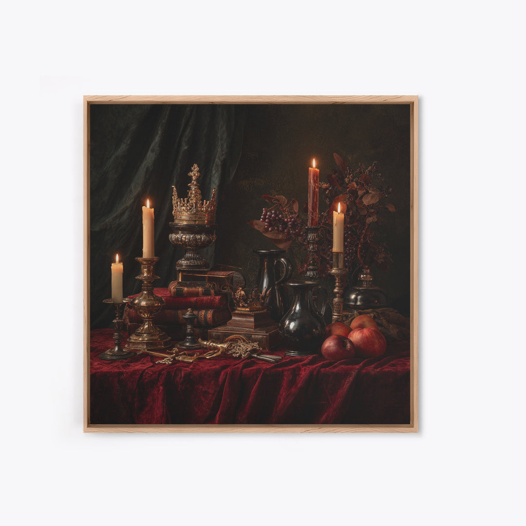 Dark Red Velvet Framed Canvas Print, Baroque Art, Whimsical Decor, Living Room Decor, Fine Art, Ornate, Maximalist Decor, BAO-1x1-47