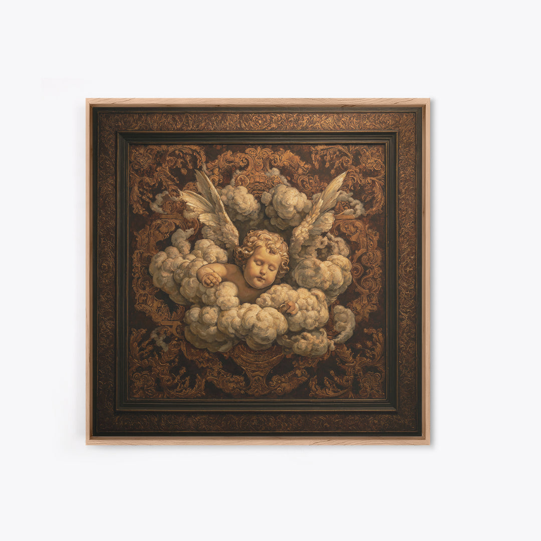 Ornate Cherub Figure Surrounded by Clouds and Canvas Print, Baroque Art, Moody Wall Art, Living Room Decor, Fine Art, Ornate, BAO-1x1-50