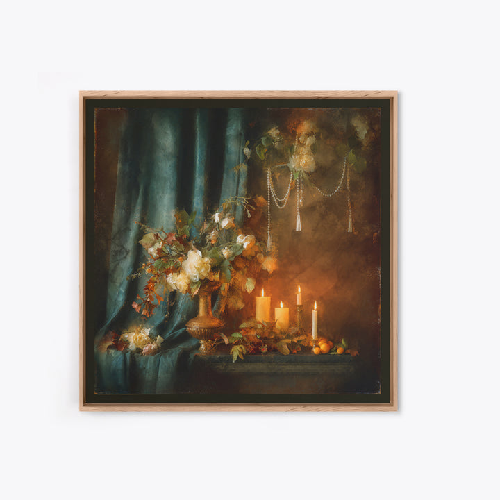 Velvet Drapery with Pearls Flowers and Candlelight Canvas Print, Baroque Art, Maximalist Decor, Living Room Decor, Ornate, BAO-1x1-51