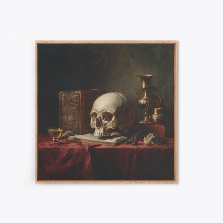 Skull and Hourglass Vanitas Still Life Framed Canvas Print, Baroque Art, Dark Academia Art, Living Room Decor, Fine Art, Ornate, BAO-1x1-53
