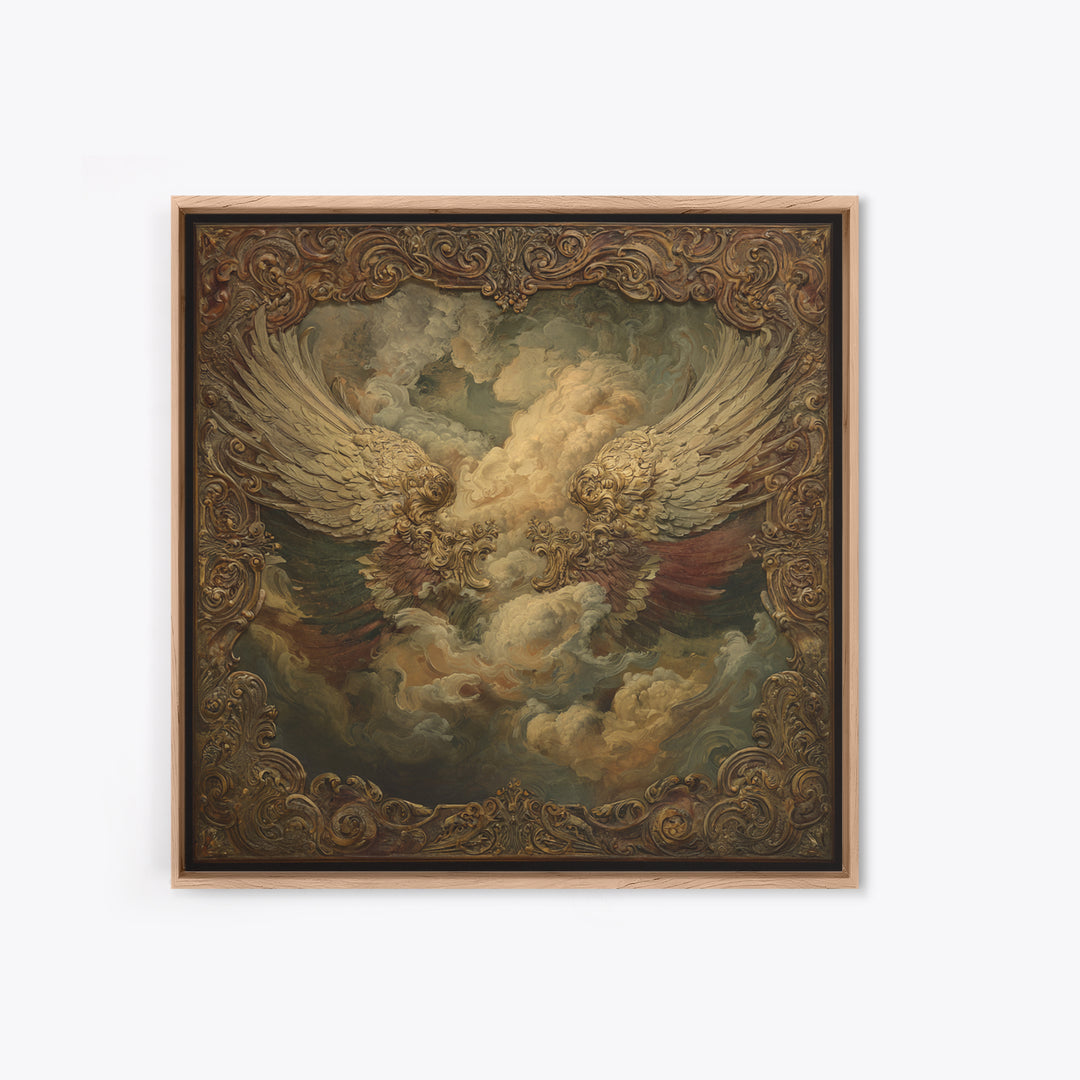 Gilded Angel Wings Emerging from Storm Clouds Canvas Print, Baroque Art, Minimalist Wall Art, Living Room Decor, Oil Painting, BAO-1x1-54