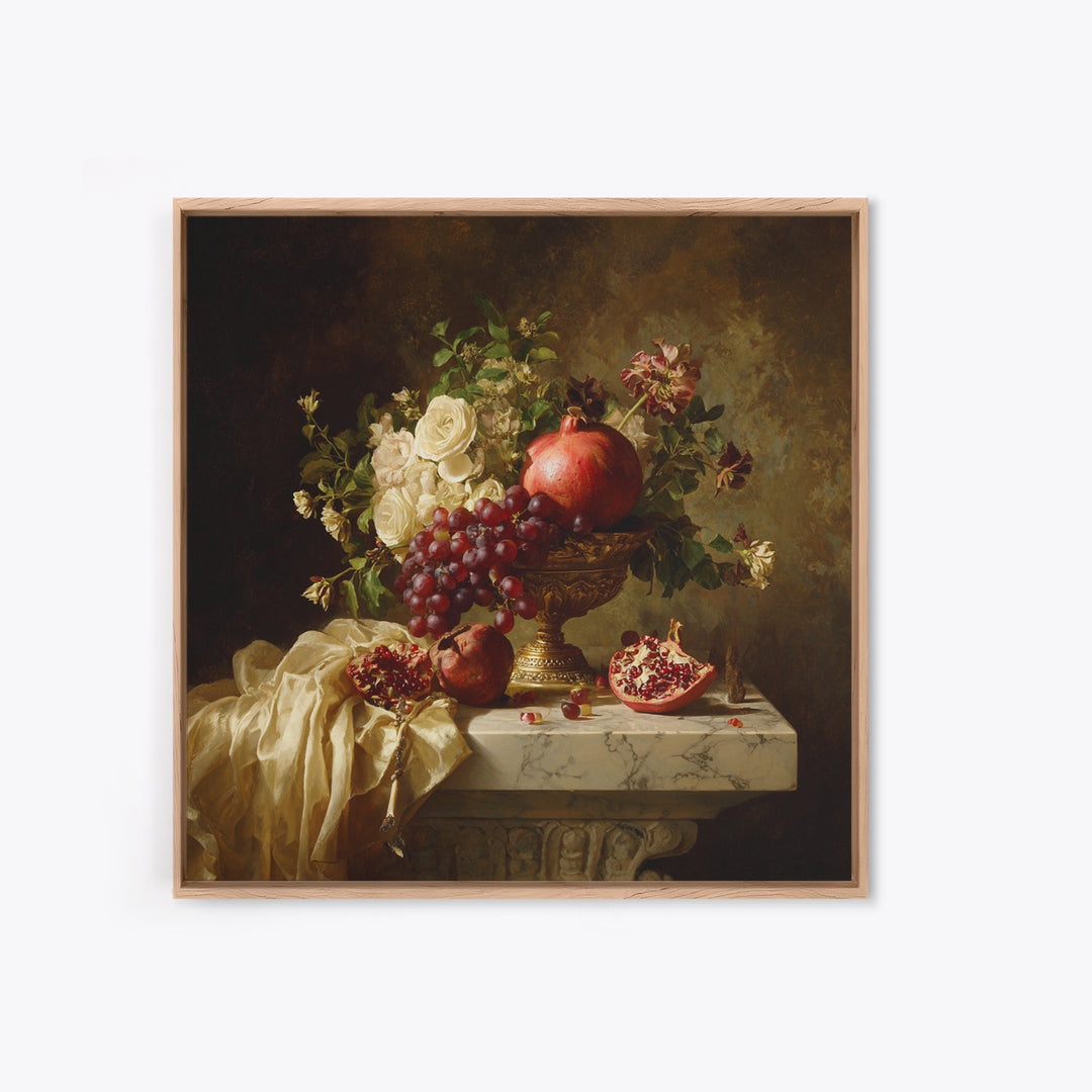 Pomegranate and Grapes on a Marble Ledge Framed Canvas Print, Baroque Art, Digital Wall Art, Living Room Decor, Ornate, BAO-1x1-56