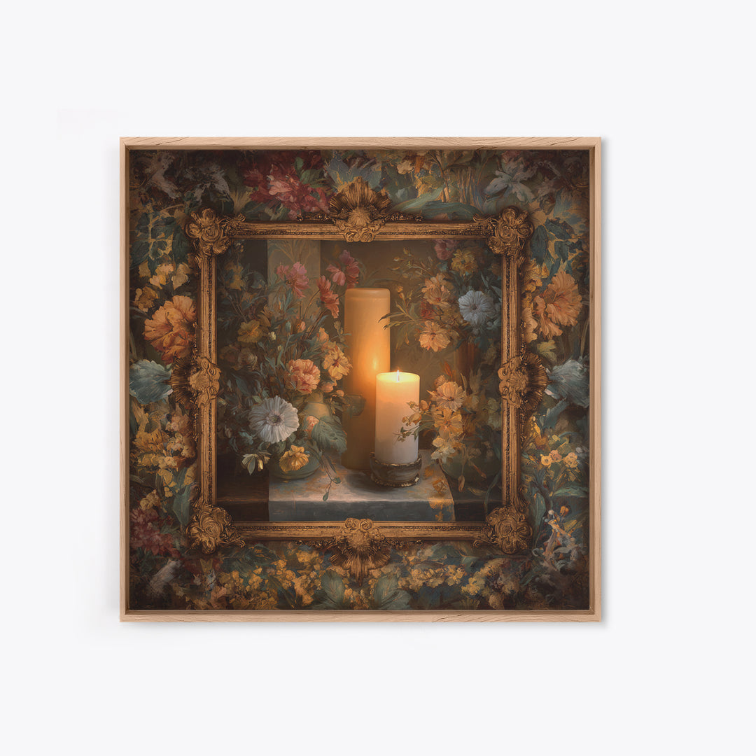 Ornate Gold Frame Illusion Around a Botanical Framed Canvas Print, Baroque Art, Maximalist Decor, Living Room Decor, Ornate, BAO-1x1-57