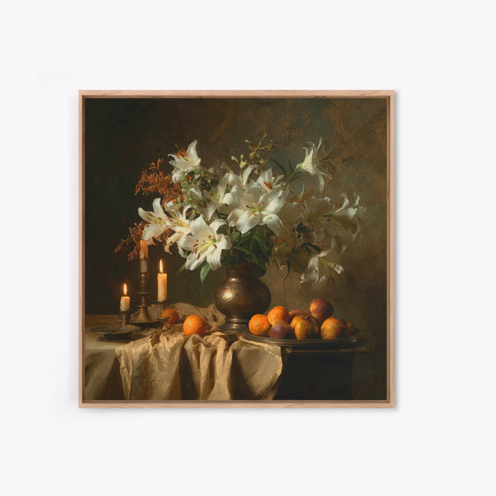 Dramatic White Lilies Canvas Print, Baroque Art, Portrait Painting, Living Room Decor, Fine Art, Ornate, Neutral Decor, BAO-1x1-60