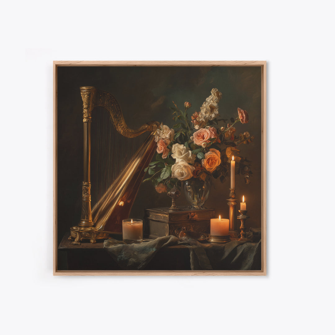 Golden Harp and Roses Framed Canvas Print, Baroque Art, Modern Wall Art, Living Room Decor, Abstract Art, Ornate, Feminist Art, BAO-1x1-66