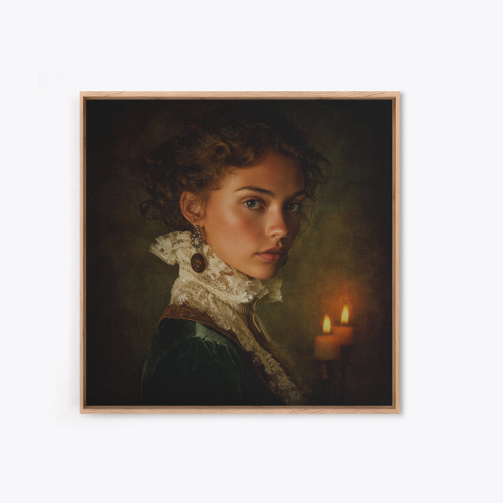 Classical Portrait with Lace Collar and Jewel Framed Canvas Print, Baroque Art, Oil Painting, Living Room Decor, Ornate, BAO-1x1-7