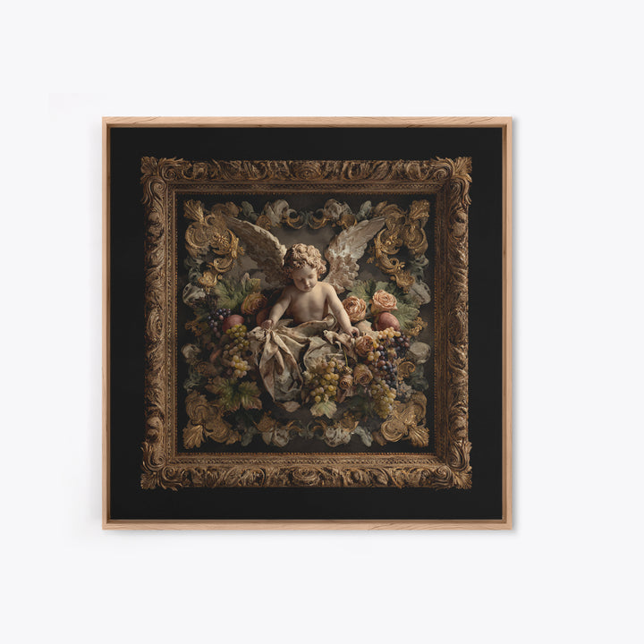 Ornate Cherub Figure Surrounded by Clouds and Canvas Print, Baroque Art, Dark Academia Art, Living Room Decor, Ornate, BAO-1x1-74