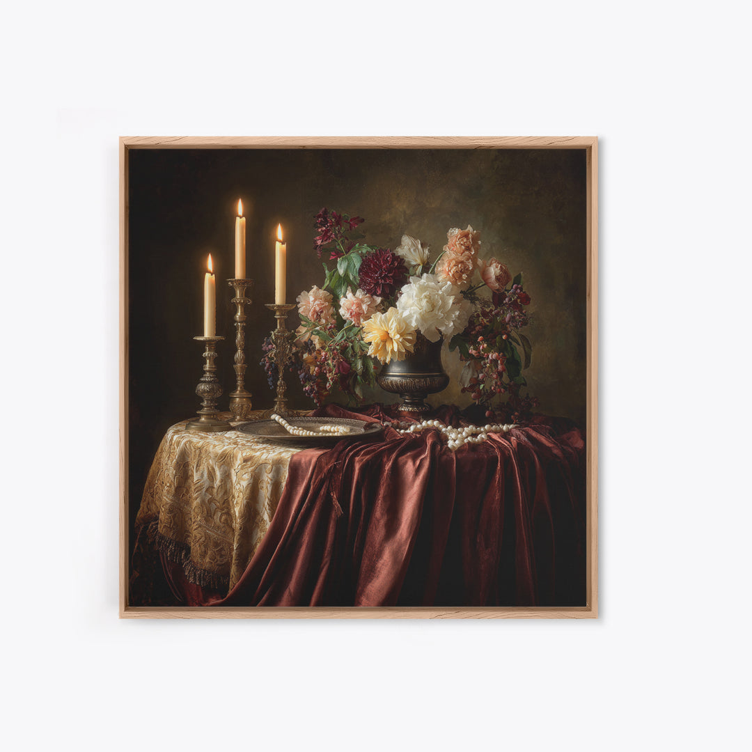Velvet Drapery with Pearls Flowers and Candlelight Canvas Print, Baroque Art, Baroque, Living Room Decor, Fine Art, Ornate, BAO-1x1-75