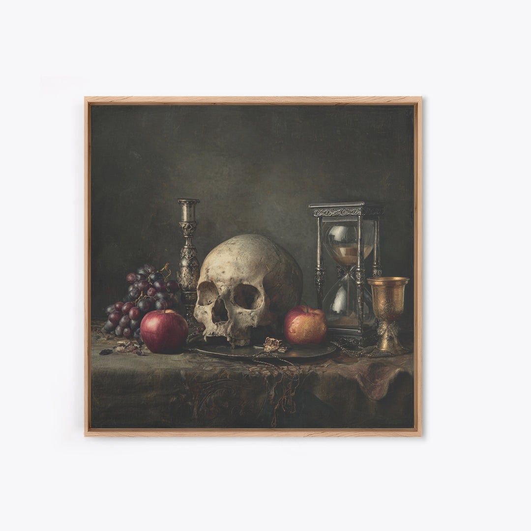 Skull and Hourglass Vanitas Still Life Canvas Print, Baroque Art, Art Nouveau Decor, Living Room Decor, Fine Art, Ornate, BAO-1x1-77
