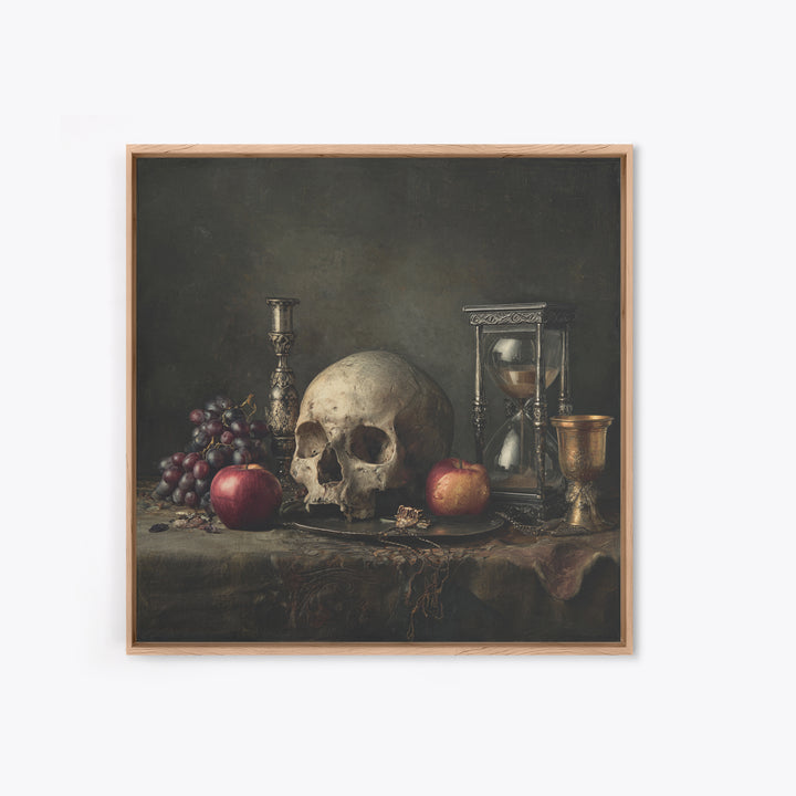 Skull and Hourglass Vanitas Still Life Canvas Print, Baroque Art, Art Nouveau Decor, Living Room Decor, Fine Art, Ornate, BAO-1x1-77