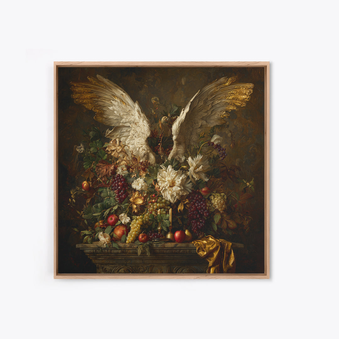 Gilded Angel Wings Emerging from Storm Clouds Framed Canvas Print, Baroque Art, Maximalist Decor, Living Room Decor, Ornate, BAO-1x1-78