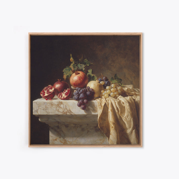 Pomegranate and Grapes on a Marble Ledge Framed Canvas Print, Baroque Art, Digital Wall Art, Living Room Decor, Ornate, BAO-1x1-8
