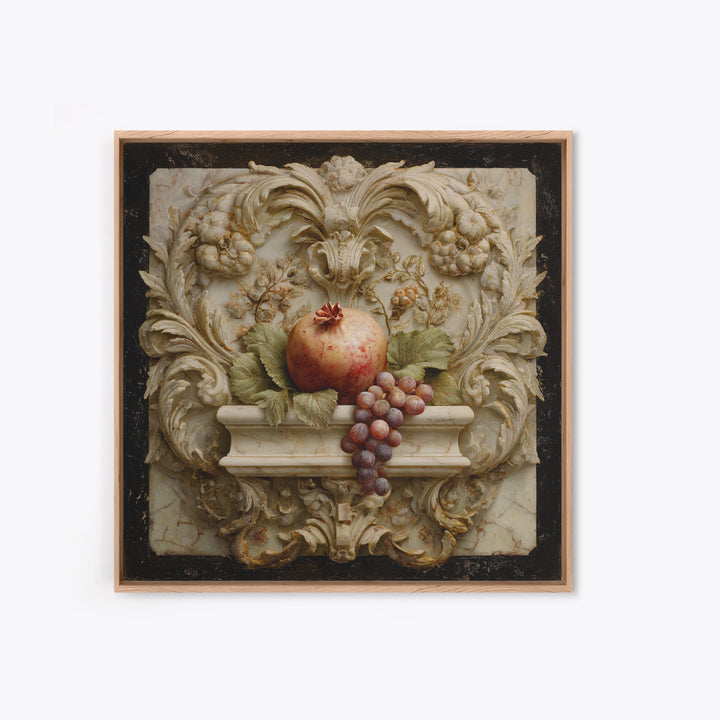 Pomegranate and Grapes on a Marble Ledge Framed Canvas Print, Baroque Art, Home Decor, Living Room Decor, Fine Art, Ornate, BAO-1x1-80