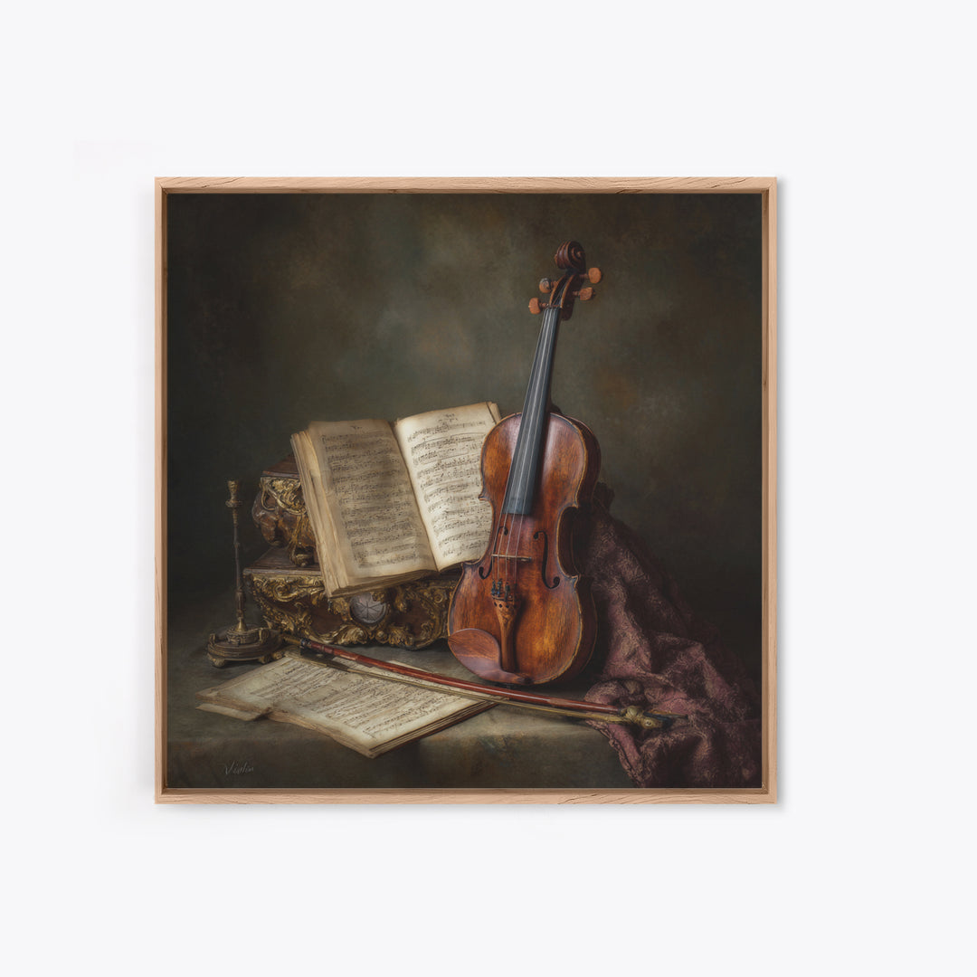 Baroque Violin and Sheet Music Still Life Framed Canvas Print, Baroque Art, Home Decor, Living Room Decor, Fine Art, Ornate, BAO-1x1-83