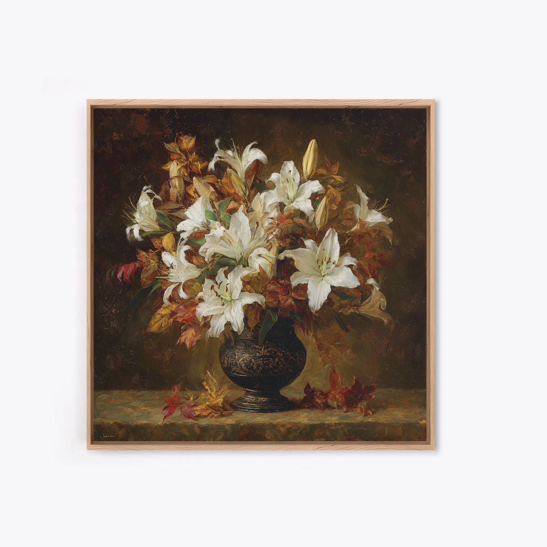 Dramatic White Lilies Framed Canvas Print, Baroque Art, Maximalist Wall Art, Living Room Decor, Abstract Art, Ornate, BAO-1x1-84
