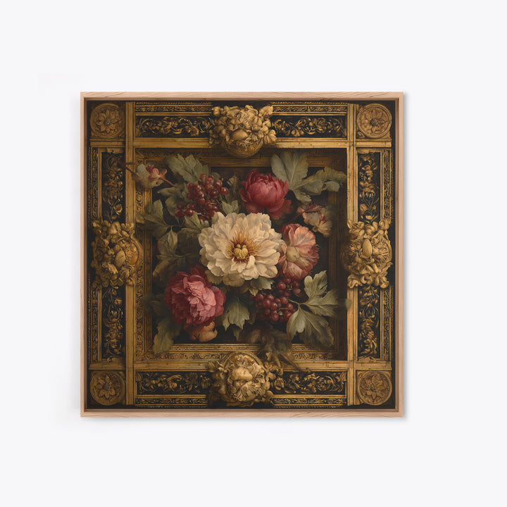 Ornate Gold Frame Illusion Around a Botanical Canvas Print, Baroque Art, Minimalist Wall Art, Living Room Decor, Ornate, BAO-1x1-9