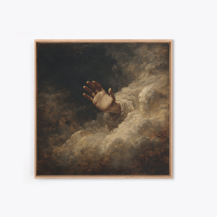 Angelic Hand Reaching Through Clouds Framed Canvas Print, Baroque Art, Maximalist Wall Art, Living Room Decor, Oil Painting, BAO-1x1-93