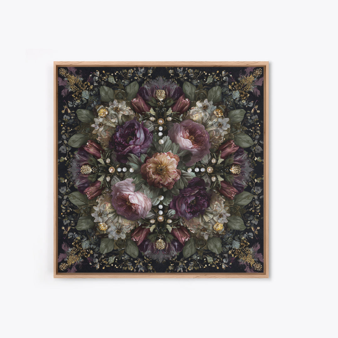 Velvet Drapery with Pearls Flowers and Candlelight Canvas Print, Baroque Art, Living Room Decor, Oil Painting, Ornate, BAO-1x1-99