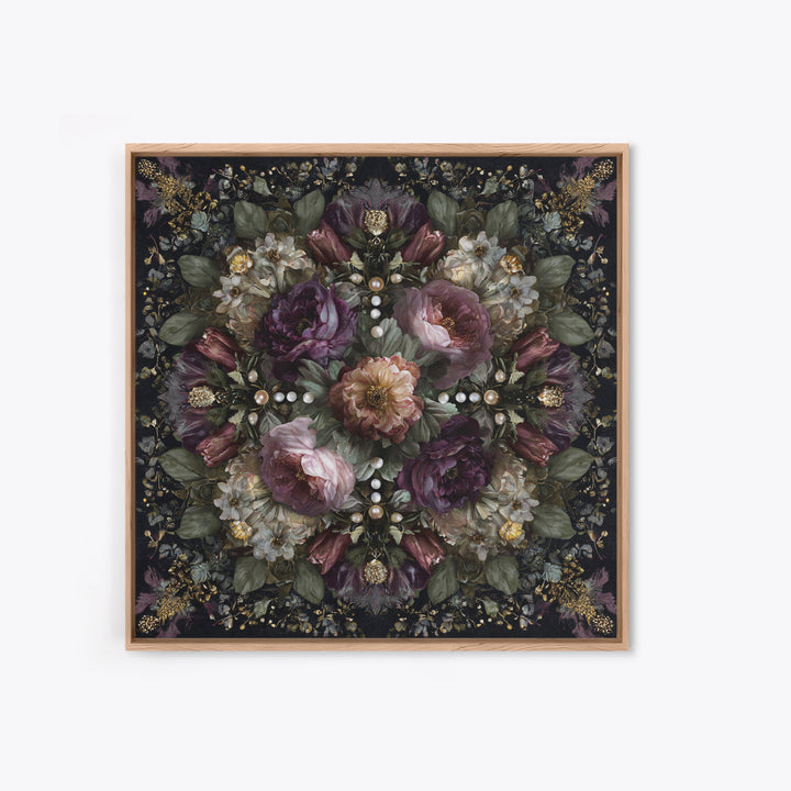 Velvet Drapery with Pearls Flowers and Candlelight Canvas Print, Baroque Art, Living Room Decor, Oil Painting, Ornate, BAO-1x1-99