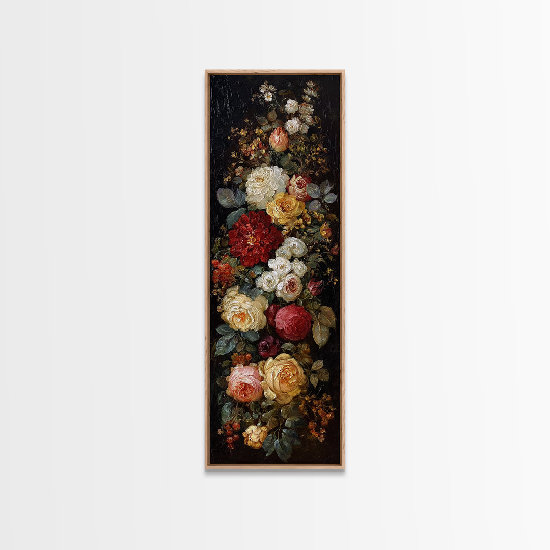 Dark Floral Arrangement Canvas Print, Baroque Art, Gallery Wall, Living Room Decor, Ornate, Neutral Decor, Modern Decor, BAO-1x3-16