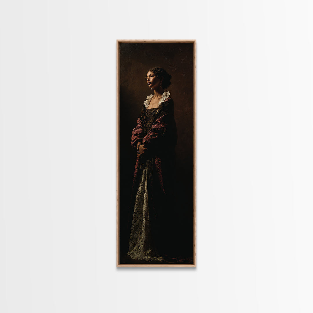 Classical Portrait with Lace Collar and Jewel Framed Canvas Print, Baroque Art, Feminist Art, Living Room Decor, Ornate, BAO-1x3-19