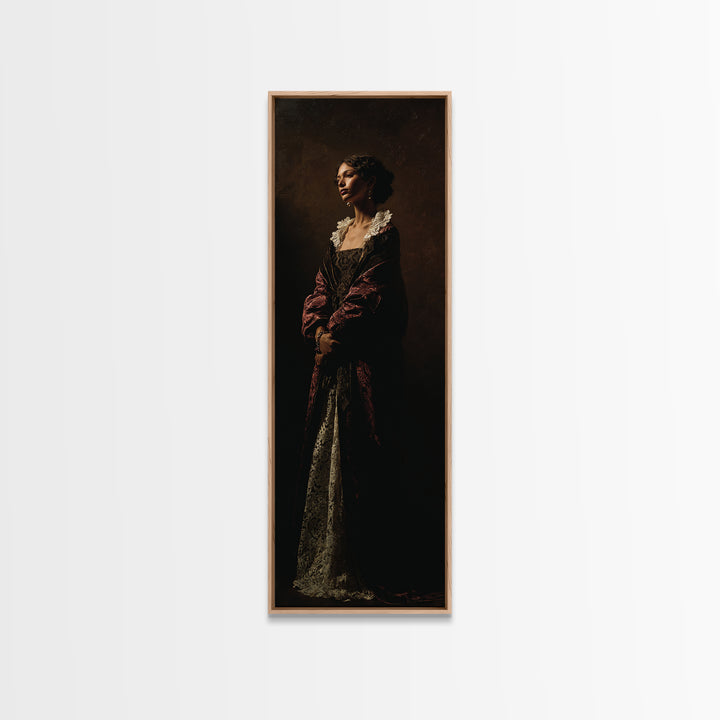 Classical Portrait with Lace Collar and Jewel Framed Canvas Print, Baroque Art, Feminist Art, Living Room Decor, Ornate, BAO-1x3-19