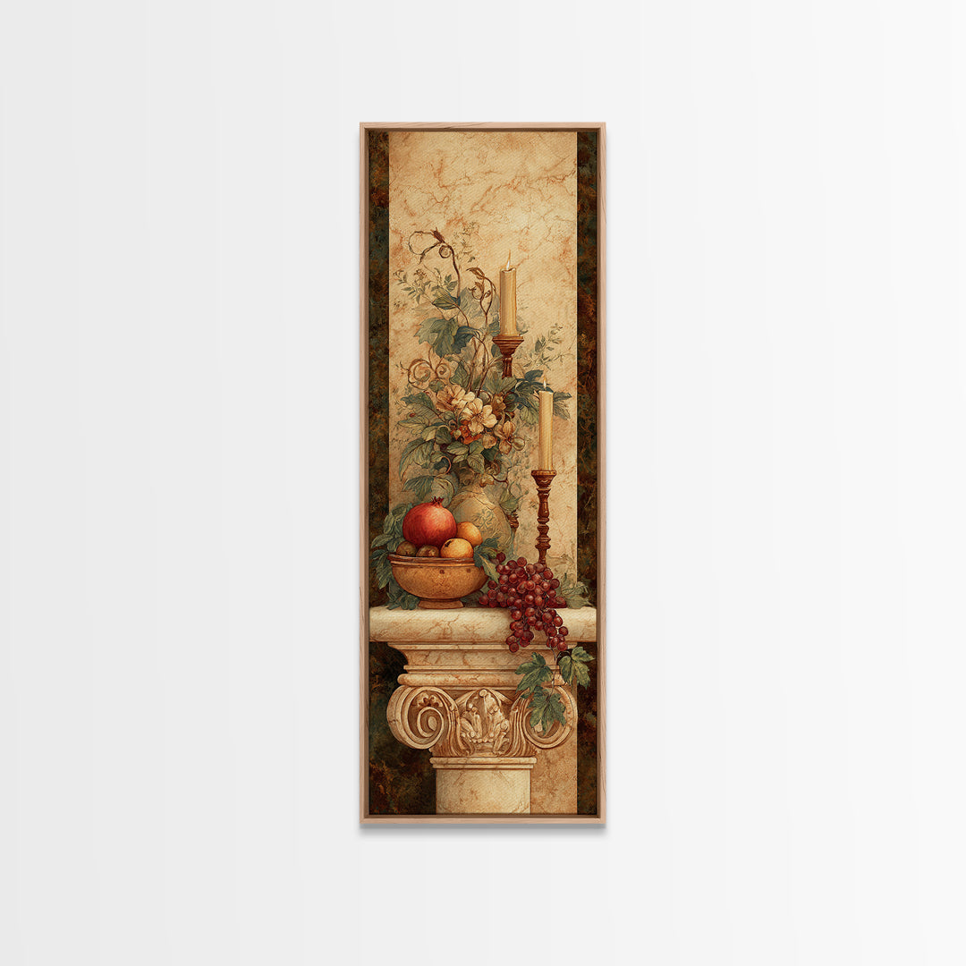 Pomegranate and Grapes on a Marble Ledge Framed Canvas Print, Baroque Art, Dark Academia Art, Living Room Decor, Ornate, BAO-1x3-20