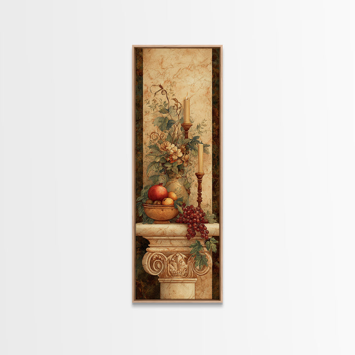 Pomegranate and Grapes on a Marble Ledge Framed Canvas Print, Baroque Art, Dark Academia Art, Living Room Decor, Ornate, BAO-1x3-20