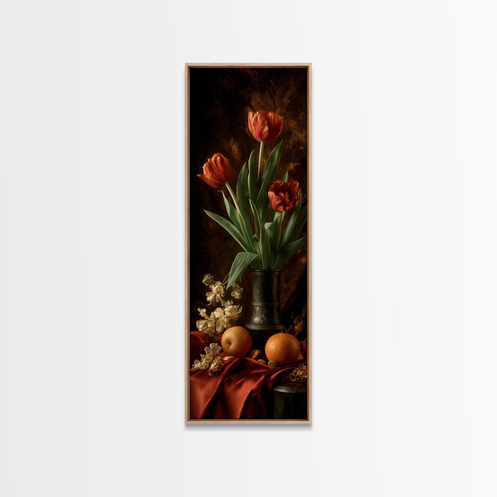 Black Background Tulips Framed Canvas Print, Baroque Art, Room Decor Aesthetic, Living Room Decor, Fine Art, Ornate, Home Decor, BAO-1x3-4